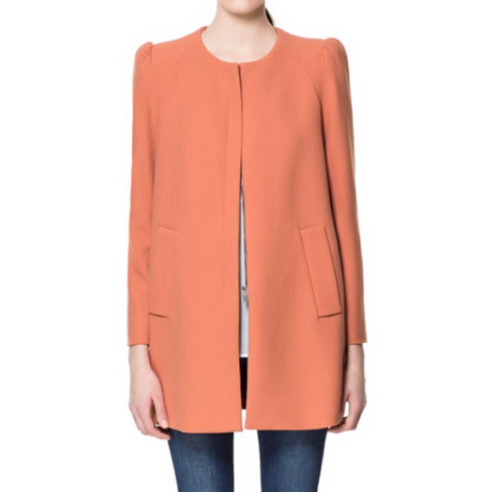Zara Top Coat Coral Gathered Shoulders Structured Size XS Hidden Zipper